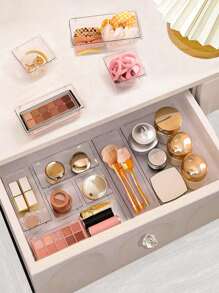 25 pièces/11 pièces/1 pièce Organisateur de maquillage pour tiroir, ensemble organisateur de tiroir transparent, 4 plateaux de différentes tailles, organisateur polyvalent pouvant ranger divers petits articles tels que cosmétiques, vêtements, fournitures scolaires, gadgets et ustensiles de cuisine, idéal pour la commode, la cuisine et le tiroir de bureau pour le rangement des femmes. Essentiels de voyage, retour à l'école, rangement pour dortoir
