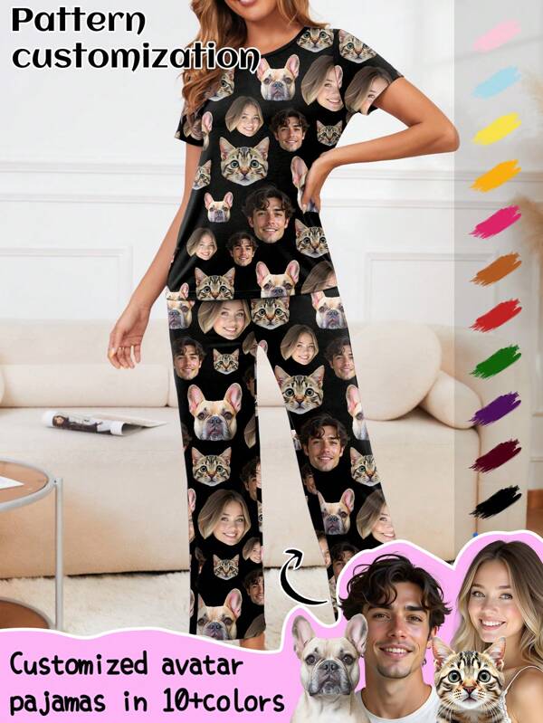 Conjunto de pijama personalizado para mujer, personalizado con mascota, personaje o retrato, regalo de fiesta/mejor amiga, perro, colorido, lindo, adorable, contraído, divertido, personalizado, único, personalizado, regalos ideales para él, regalos ideales para ella, novio, novia, familia, amigos, abuelos, ella