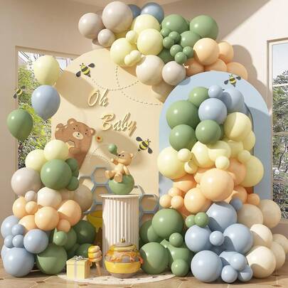 Sage Green, Retro Blue, Macaron Yellow, Skin Tone And Sand White Latex Balloon Arch Kit, Suitable For Cartoon Bear & Bee Themed Birthday Party, Baby Shower Decorations
