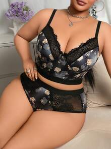 2pcs Plus Size Women Lingerie Set, Black Lace Patchwork, Floral Print, Ombre Color Blocking Design, Wireless Soft Milk Silk Material, Adjustable Strap, Bow Accent, Suitable For Dating, Party, Anniversary Wear, All Season - Black - View 6