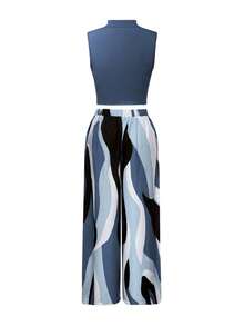 Women's Casual Vacation Style Ribbed Knit Mock Neck Sweater (Wavy Pattern) With Wide Leg Woven Pants 2 Pieces Set