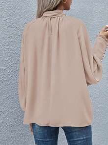 Women's Elegant Solid Color Ruffle Trim Lantern Sleeve Loose Blouse, Suitable For Daily, Office, Commuting Wear - Apricot - View 2