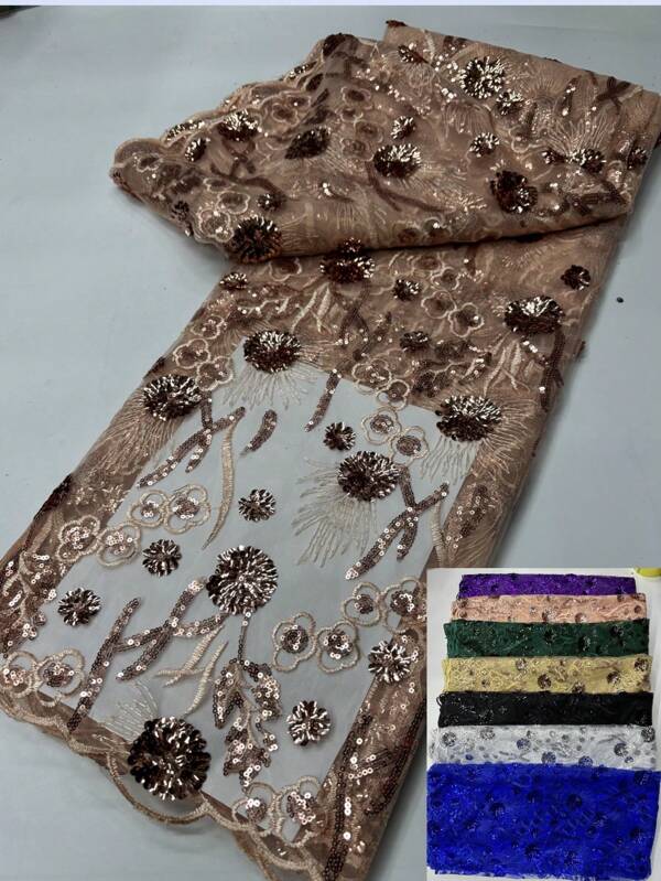 1 Yards/5 Yards New French Lace Fabric 2025 High Quality African Black Purple Blue Green Pink Golden Silvery Sequin Tulle Lace Embroidery Fabrics Nigerian Wedding Party Home Furnishing Handicraft Sew Fabric