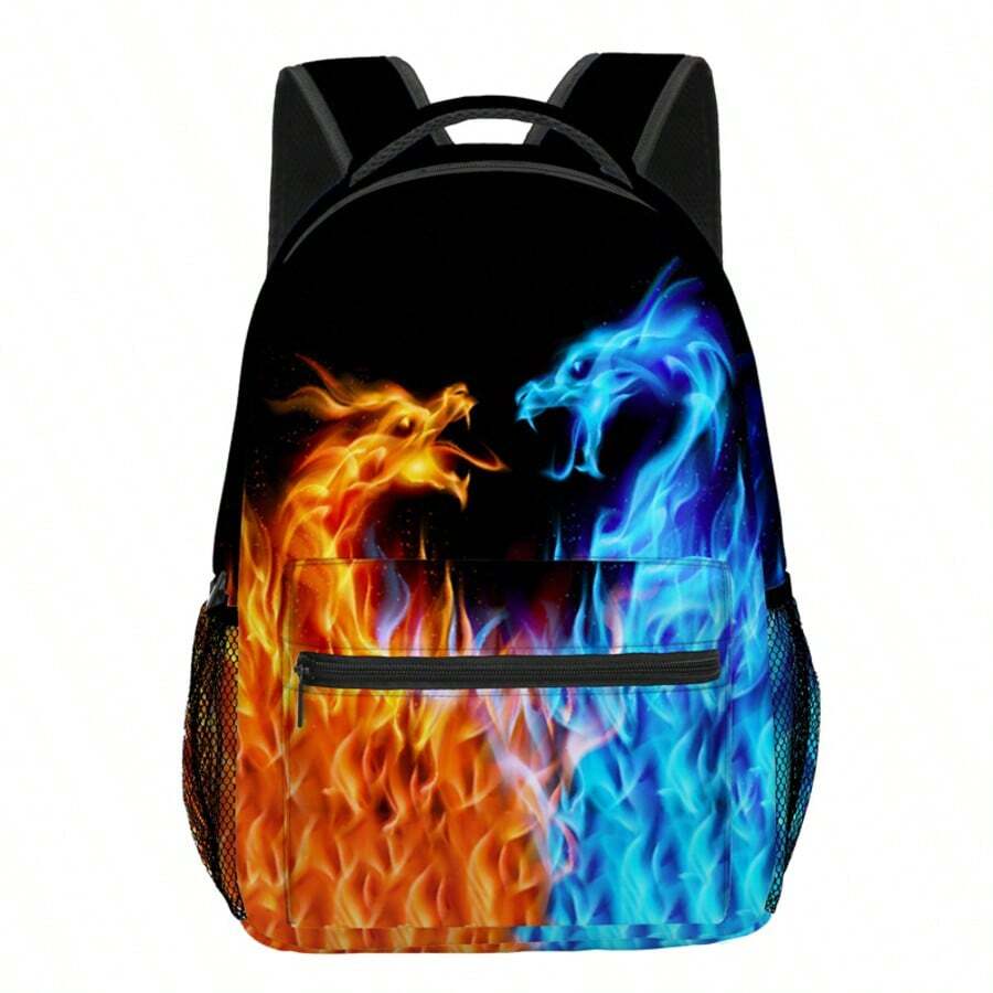 Backpack For Boys And Girls, Double-Sided Pattern Backpack, Large Storage Gamepad/Football/Colour Pattern Bag Sports Backpack For School Students - Color-water and Fire Dragon - View 1