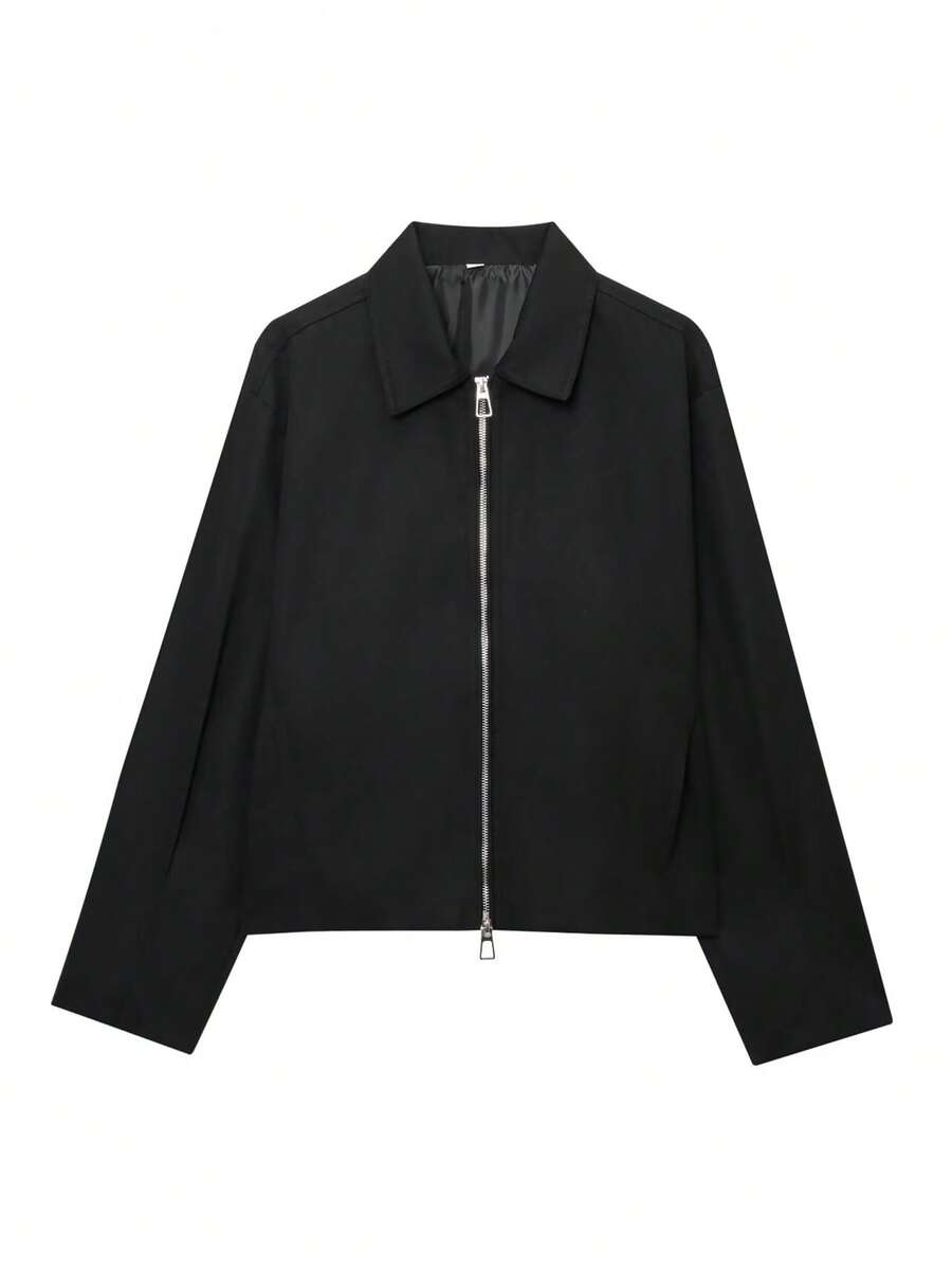 女士拉链外套宽松长袖休闲新款外套2024时尚女式飞行员夹克短款夹克女士黑色春季 - 黑色 - 查看 1