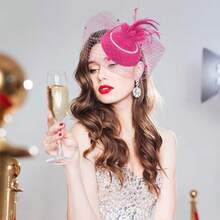 Ibeauti Fascinator Hats With Screentouch Lace Gloves Set Women Tea Party Cocktail Wedding Derby Headwear Short Gloves - 01 亮粉色 - 查看 6