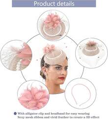 Ibeauti Fascinator Hats With Screentouch Lace Gloves Set Women Tea Party Cocktail Wedding Derby Headwear Short Gloves - 01 Light Pink - 查看 2