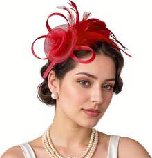 Fascinators Hats Women,Tea Party Fascinator Hair Clip With Feathers Wedding,Derby Hats Headbands - 紅色 - 查看 1