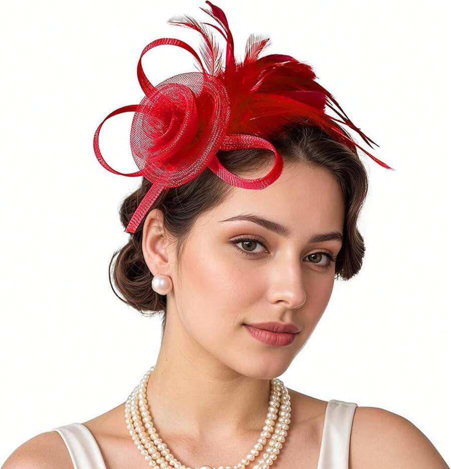 Fascinators Hats Women,Tea Party Fascinator Hair Clip With Feathers Wedding,Derby Hats Headbands - 紅色 - 查看 1