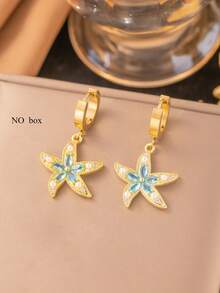 1件套海星花朵创意设计吊坠项链耳环首饰套装，简约时尚男女通用日常/派对/节日配饰（OPP袋包装） - 藍色花朵項鍊 - 查看 5