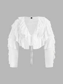 Truni Elyhuante_03 Plus Size Women Spring/Summer Elegant Vacation Solid Color Ruffle Patchwork Long Sleeve Casual Shirt, For Pear Triangle Body Shape - White - View 2