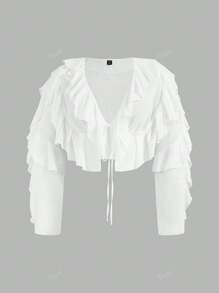 Truni Plus Size Women Spring/Summer Elegant Vacation Outfits Solid Color Ruffle Patchwork Long Sleeve Casual Shirt