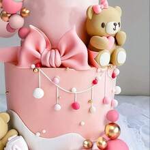 1 Pc Cake Decoration Small Bear Cake Topper, Figurine Bear, Mini Bear Doll Cake Decoration, Suitable For Use At Parties, Birthday Parties, Weddings, Anniversary Celebrations, And Cake Decorations - Pink - View 5