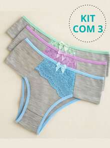 Kit Com 3 Calcinhas Cós Alto Com Renda Lateral Larga Conforto - Lara