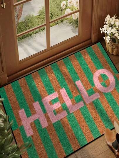 1 pieza Felpudo de bienvenida con patrón "Hola" en marrón y verde, de estilo simple, de felpa corta, de secado rápido, antideslizante y lavable, apto para cocina, baño, comedor, entrada, fiestas, Año Nuevo, todas las temporadas y decoración de patio