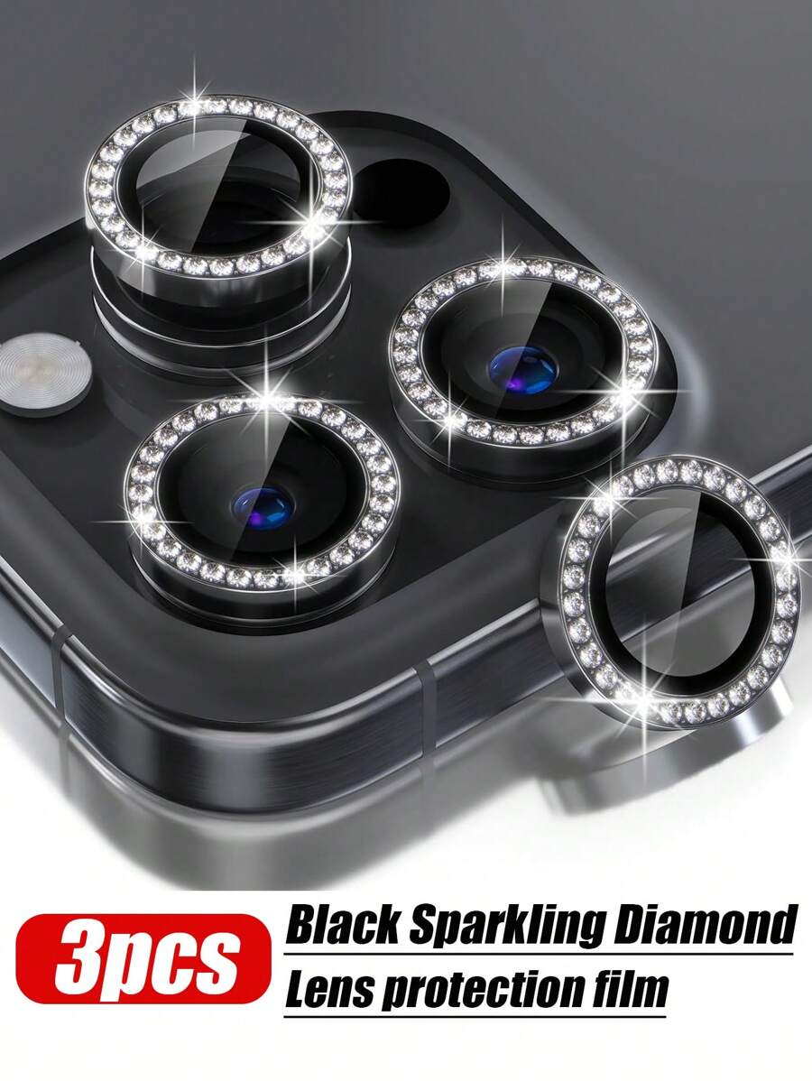 3 paquets de film de protection de l'objectif de caméra Apple Diamond pour 16 Pro, 16 Pro Max, 16, 16 Plus, 15 Pro Max, 15 Pro, 15, 15 Plus, 14 Pro Max, 14, 14 Pro, 14 Plus, 13 Pro Max, 13, 13 Pro, 12 Pro Max, 12 Pro, 11, 11 Pro Max, 11 Pro. Protecteur d'écran en verre trempé 9H, accessoires de décoration avec anneau métallique (Noir Diamant)