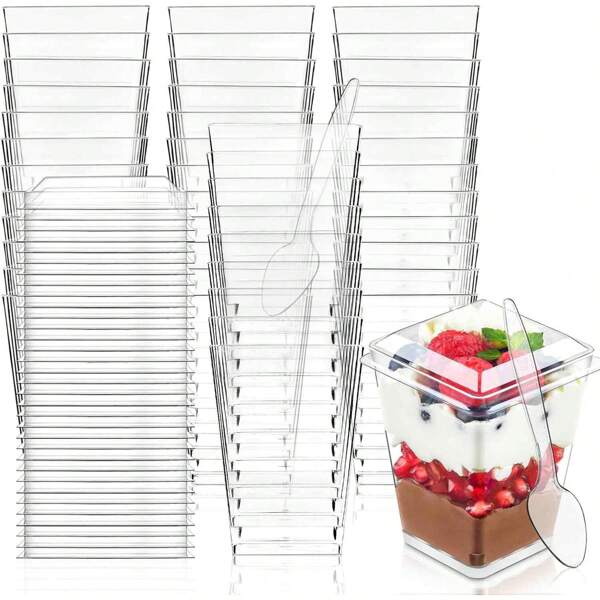 100 Pack 5 Oz Plastic Dessert Cups With Lids And Spoons, Clear Parfait Cups Pudding Cups Mini Party Serving Cups For Appetizer Fruit Yogurt Ice Cream,Christmas,Halloween