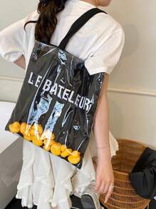 1pc Fashion Ladies Tote Bag, Shoulder Bag, Handbag, Large Capacity, Scratch & Wear Resistant Material, Suitable For Shopping, Dates, Gatherings, Commuting, Elegant Minimalist Casual Cool Black Tote Bag (16.0in*14.6in*0.2in)