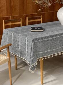 1 pieza Mantel de estilo country americano retro elegante con cuadros grises y calado, rectangular con rayas bordadas y borlas, uso múltiple, adecuado para fiestas festivas, cumpleaños, banquetes, hoteles, hogar, decoración de dormitorio - Gris Oscuro - Ver 6