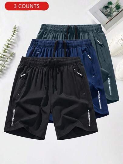 3 件男士速干运动跑步短裤，休闲透气夏季短裤，带反光印花