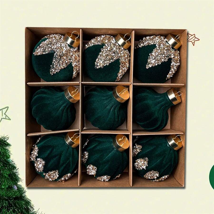 Christmas Ball Ornaments Set Of 9 Sequin Flocked Christmas Hanging Decorations For Christmas Tree Home Holiday - 綠色 - 查看 1