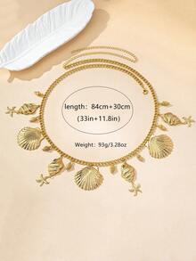 1 件金属金色海洋风格贝壳、海星吊坠饰物腰链，适合女士休闲和假日装扮 - 金黃色 - 查看 4