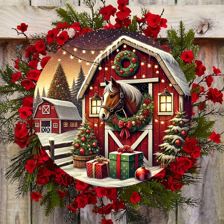 1pc 2D Flat Room Decor, Countryside Style Christmas Horse Sign, 20cm X 20cm Round Metal Wall Art, Holiday Themed 2D Printed Home Decor, Seasonal Hanging Decoration, Suitable For Winter Party Supplies, Christmas Home Decor, Perfect Room Accessory