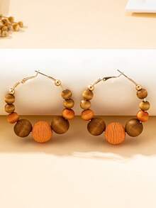 1 Pair Women's Fashion Hoop Earrings, Bohemian Style Beaded Wooden Bead Earrings, Suitable For Daily, Vacation And Gifts - Orange - View 3