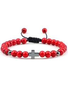 Handmade Woven Bracelet With Turquoise Cross Beads, Men Sports Accessory, European & American Import Jewelry