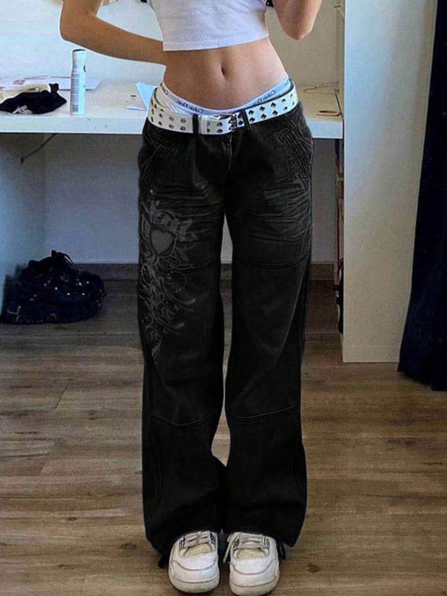 Women's Low Rise Cargo Jeans - Y2K Wide-Leg Baggy Denim Pants With Heart Pattern - Black - View 1