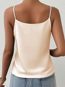Summer Solid Color Casual Minimalist Satin V-Neck Camisole Top, Layering Or Outerwear - Apricot - View 2