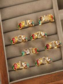 Bague ouverte en cuivre sertie de zircones de couleur aléatoire, simple et à la mode, 1 pièce – AZ 26 lettres anglaises – Bague ouverte pour femme, bague minimaliste