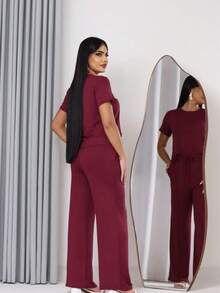 Women's Comfort Casual Sweatsuit Set - 酒紅色 - 查看 2