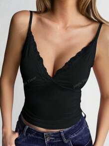 Débardeur pour femme d'été Y2K jeune, sexy, décontracté, col en V en dentelle et top col ras-du-cou
