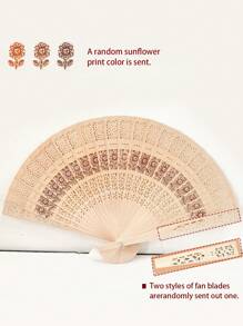 1pc Sandalwood Hollow Wooden Fan Wooden Fan Color Sandalwood Wooden Fan Hollow Folding Fan Printed Wooden Handicraft Fan Imitation Sandalwood Fan, Ideal Choice For Gifts