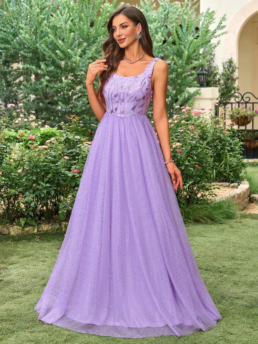 方领撞色亮片蕾丝网纱A字伴娘礼服，长款正式礼服，优雅适合婚礼宾客、毕业典礼、宴会及其他场合 - 淡紫色 - 查看 1