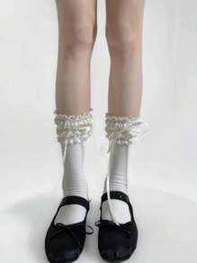 1 par de calcetines cortos de mujer con decoración de cinta estilo japonés lindo