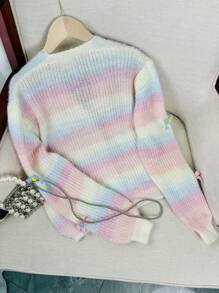 Chaqueta de punto con lazo arcoíris corto hecho a mano y esponjoso para mujer, para otoño/invierno de la marca Wixra