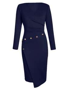 Ruched Irregular Dress Women Elegant Long Sleeve Wrap V Neck Lady Work Formal OL Party Cocktail Slim Dresses Vintage Spring Fall Winter Dress Clothes - Navy Blue - View 3