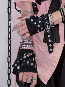 1pair Cool Rope Cross Rivet Gloves Hip Hop Korean Style Fingerless Gloves Punk Gothic Short Arm Warmer Outdoors,Halloween Clothing Accessories