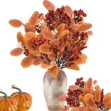 Juego de 6 flores artificiales de decoración otoñal, ramos mixtos de eucalipto, color naranja de la cosecha y hálito de bebé para decoración del hogar, fiestas de otoño, bodas y centros de mesa en Navidad y Acción de Gracias