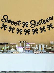 1 pièce Drapeau à tirer pour anniversaire Sweet Sixteen, bannière d'anniversaire Noire/Rose/Or rose/Or/Violette/Bordeaux avec nœud, décoration de fête d'anniversaire Sweet 16 pour fille/femme