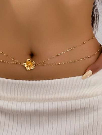 1 pieza Cadena para la cintura de mujer, cadena con cuentas con forma de flor de cinco hojas de metal dorado, cadena sexy para la cintura, elegante encanto, adecuada para la playa, accesorio de bikini (cuentas aleatorias)