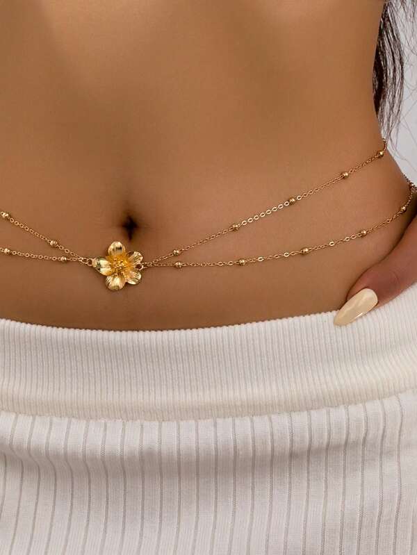 1 pieza Cadena de cintura con flor de cinco hojas de metal dorado y cuentas para mujer, joyería elegante y sexy para bikini en la playa (cuentas aleatorias)