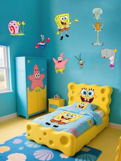 SPONGEBOB 1 件海绵宝宝主题卡通墙贴 PVC 防水贴纸 自粘玻璃门卧室墙贴 超厚卡通贴纸 创意装饰墙贴 适用于卧室、客厅、书房、婚礼、餐厅、书房、毕业季、生日派对、母亲节和复活节派对房间装饰墙面装饰墙贴贴纸