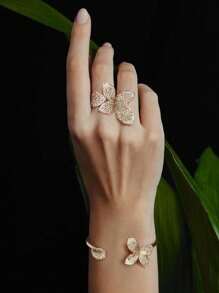 1 Set Boho Floral Open Ring Bangle Bracelet Set For Women, Minimalist Crystal Flower Bride Wedding Jewelry Accessories