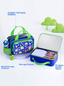 Meoky isolierte Lunchbox - 1 Stück große Kapazität Thermotasche mit seitlicher Netztasche, süßes Cartoon-Design, wiederverwendbare Bento Lunch-Tragetasche hält Essen warm & frisch, ideal für Schule, Picknick & Reisen