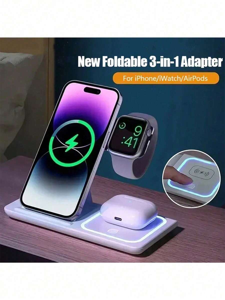 Wireless Charger 3-In-1 Wireless Fast Charging Stand, 15W Wireless Intelligent Identification Does Not Hurt The Machine, Ambient Light Design Wireless Charger, Folding Storage Travel Without Burden, Suitable For Desktop Stand / Office Travel Work / Watch Live / Video Smart Good Helper Compatible With IPhone 17 16 15 14 13 12 11 X 8 Pro Max/Pro/Mini/Plus, Suitable For Office, Dorm, And Home,Compatible With IPhone 17/16 Pro/ Max; 16 Plus; 16; 15 Pro/ Max; 15 Plus; 15; 14 Pro/ Max; 14 Plus; 14; 13 Pro/ Max; 13 Mini; 13; 12 Pro/ Max; 12 Mini; 12; SE (2022); 11 Pro Max; 11 Pro; 11; Xr; Xs Max; Xs; X; 8 Plus; 8.Compatible With Watch Series 1/2/ Series 3/Series 4/Series 5/Series 6/Series 7/Series 8/Series 9/Series 10/SE/ SE2/ SE3/Ultra/Ultra 2/Sport/Edition,Birthday Gift,Halloween Gift,Christmas Present