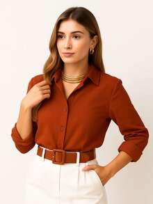 Women's Elegant Button Down Shirt - Casual Chic Simple Style Pocket With Belt Button - Tile - View 2