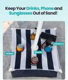 Beach Umbrella With Sand Bag And Cup Holder - 6.5ft Beach Umbrella With Sand Anchor, UPF 50+ PU Coating With Carry Bag For Patio And Outdoor - New Navy Striped With Cup Holder - 水鴨藍 - 查看 5